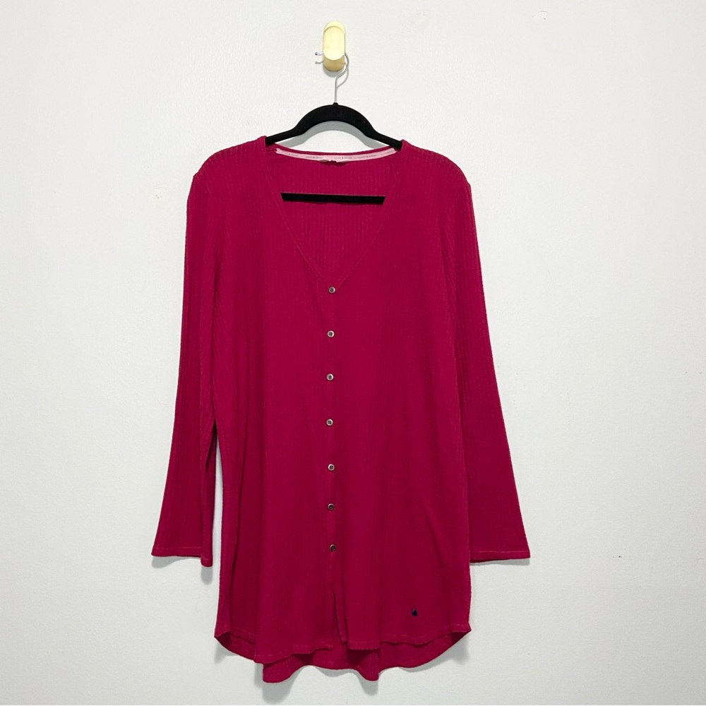 Lucky Brand Fuchsia Button Down V-Neck Long Sleeve Thermal Tunic Top